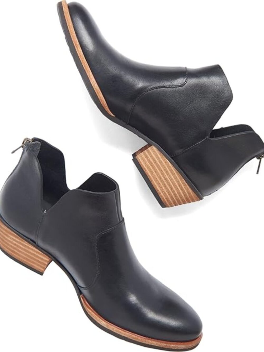 Kork-Ease Skye Black Leather Ankle Booties 1.5" Stacked Heels Back Zipper